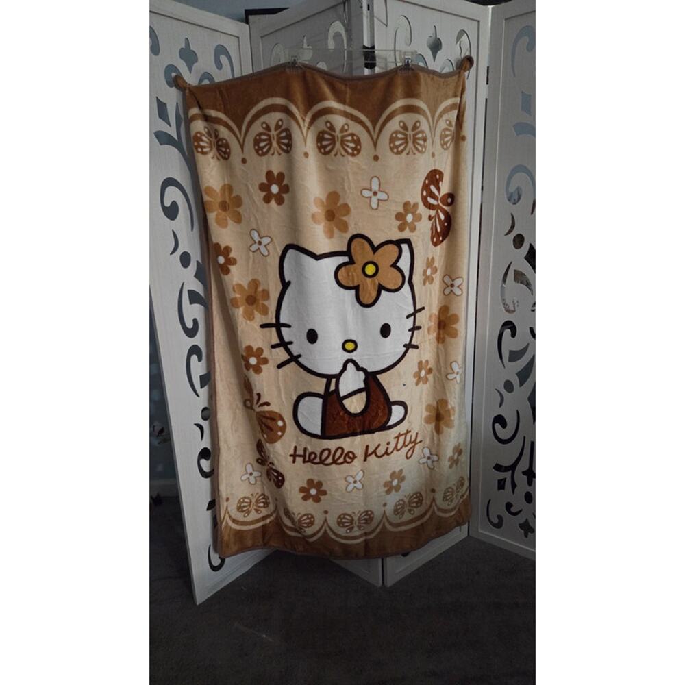 Hello Kitty Plush Throw Blanket Brown Floral Butterfly New Soft 39x55 Sanrio
